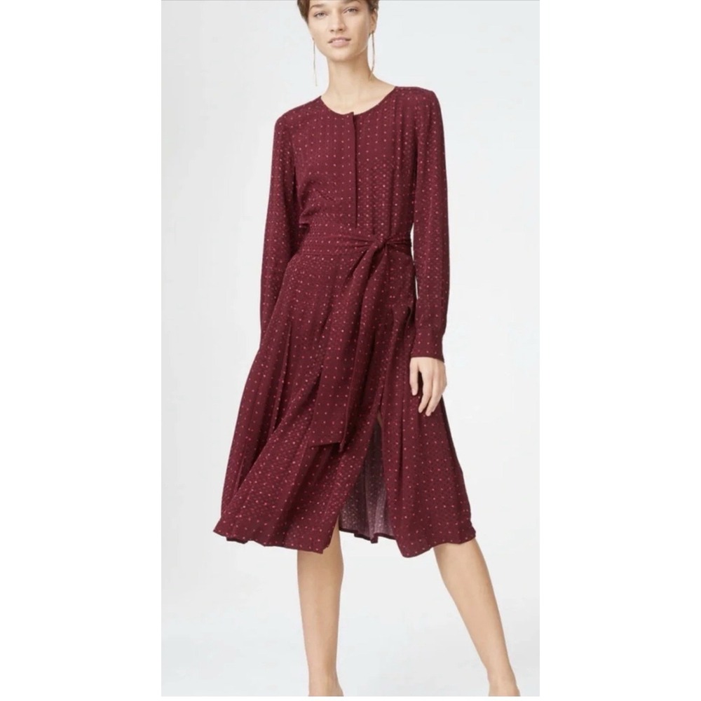 Club Monaco Long Sleeve Button Down Polka Dot Midi Dress Size 2 Tie Waist
